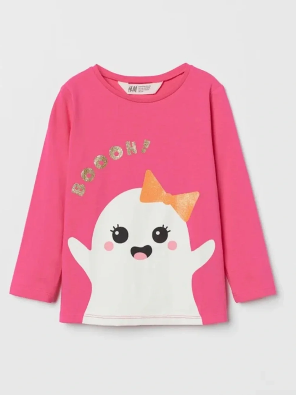 H&M Halloween Hot Pink Long-Sleeve Tee with Ghost Graphic for girls size 3-4T